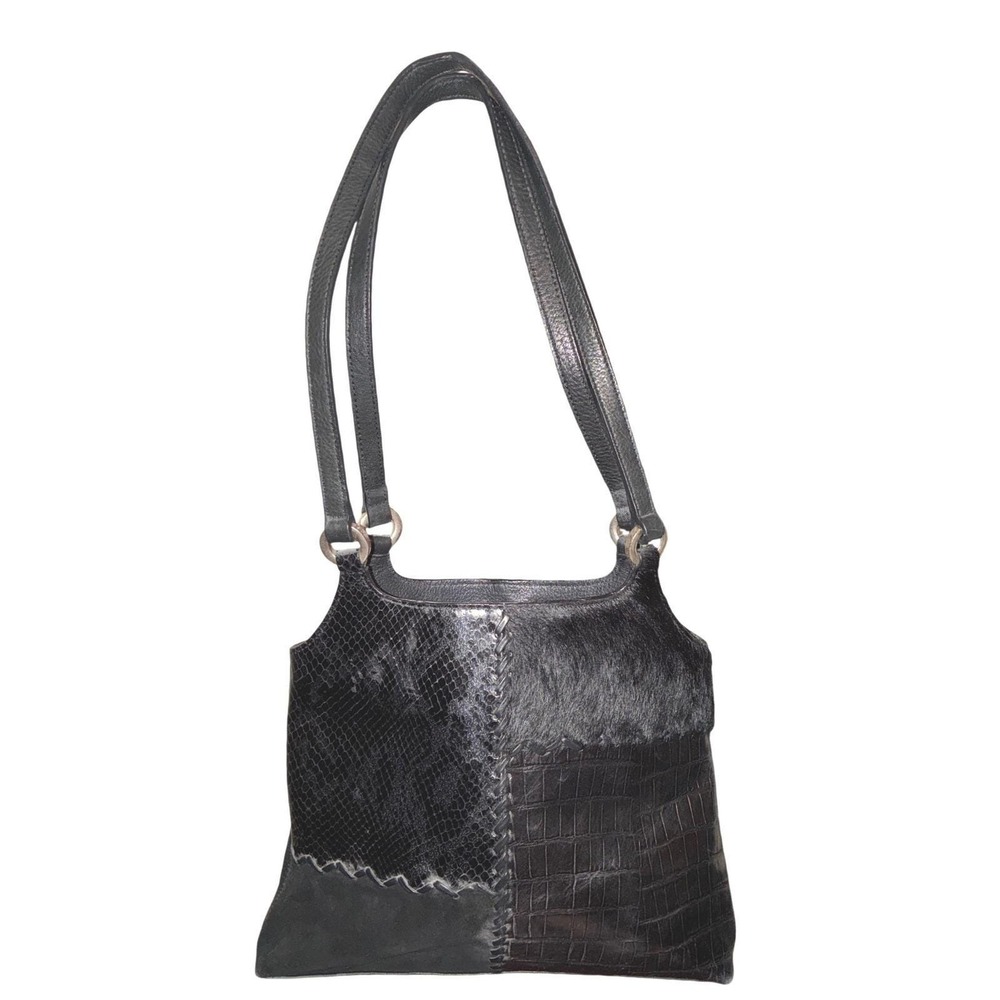Vintage Fossil Leather Shoulder Bag Faux Fur Croc‎ Embossed Patchwork